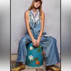 POL Light Blue Patchwork Denim Overalls